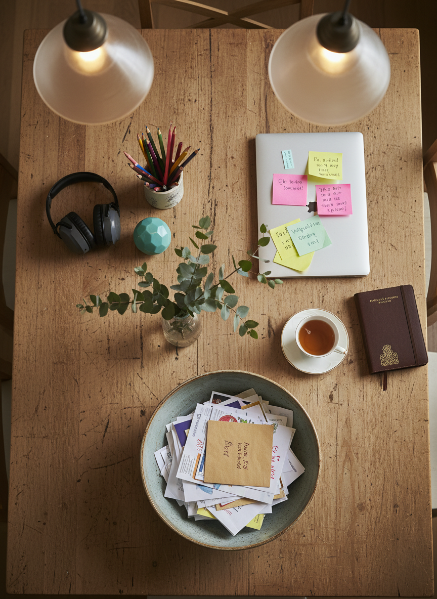 A sturdy, slightly scuffed wooden dining table seen from above, its surface divided into quiet zones that hint at different family members’ inner worlds. One corner holds neatly sharpened colored pencils, noise-cancelling headphones, and a small, textured stress ball; another features a closed laptop with sticky notes, an elegant leather-bound notebook, and a delicate porcelain teacup on a saucer. Near the center, a large ceramic bowl overflows with unsorted mail and school papers, anchored by a small vase with fresh eucalyptus stems. Soft overhead pendant lighting casts even, warm illumination, with gentle shadows defining each object. Photographic realism with a crisp, top-down composition conveys the sophisticated but honest complexity of managing neurodivergence, adult responsibilities, and shared space within a blended family home.