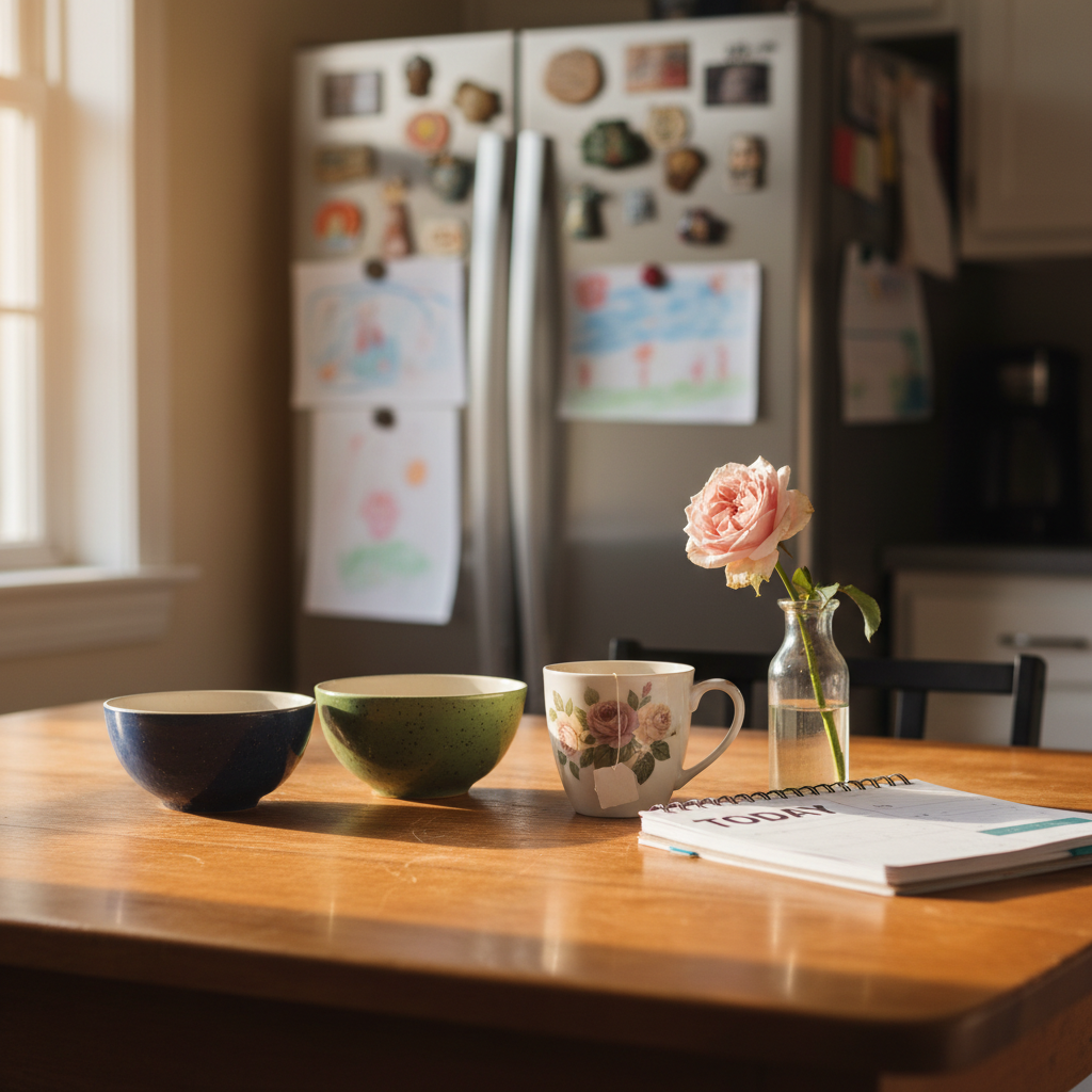 A well-worn wooden kitchen table serves as the quiet centerpiece, its surface marked by faint scratches, water rings, and a faint sheen from years of careful polishing. Scattered across the table are mismatched ceramic bowls, a chipped floral mug, a neatly stacked planner with color-coded tabs, and a small glass vase holding a single imperfect garden rose. In the background, blurred refrigerator magnets and children’s drawings create a soft tapestry of color. Late afternoon light filters in through a nearby window, casting gentle, elongated shadows. Photographic realism, shot at eye level with a shallow depth of field, creates a calm, sophisticated atmosphere that acknowledges everyday mess while feeling anchored, warm, and reflective.