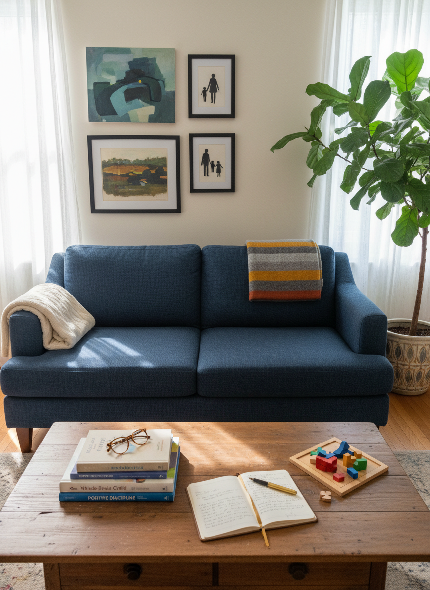 A cozy, slightly cluttered living room anchored by a classic navy-blue sofa with a textured throw neatly folded at one end and another blanket casually draped over the back. The coffee table in front holds a stack of well-thumbed parenting books, a pair of reading glasses, an open journal with a fountain pen, and a wooden puzzle mid-assembly. Around the edges of the room, framed abstract art, family silhouettes, and a large leafy plant in a ceramic pot soften the space. Golden hour sunlight streams through sheer curtains, creating a gentle glow and soft highlights across the scene. Captured in photographic realism from a slightly elevated angle, the composition balances the scattered objects with a sense of order, conveying thoughtful, lived-in sophistication.