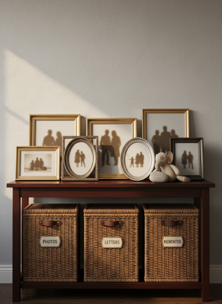 A hallway console table made of dark, polished wood stands against a soft gray wall, acting as a quiet altar to complex family life. On its surface, several distinct picture frames of varying sizes and metals face the viewer, each containing softly blurred, unidentifiable family silhouettes rather than clear faces, suggesting blended generations and histories without depicting people. A small, worn children’s stuffed animal leans against a smooth stone engraved only with an abstract symbol, beside a tidy row of labeled storage baskets below. Soft, diffused morning light from an unseen window illuminates the edges of the frames and casts subtle shadows on the wall. Photographic realism, framed using the rule of thirds, with a contemplative, dignified mood that hints at layered stories and long-held memories.